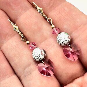 Womens Earrings 10K Gold Pink Crystal Cloisonne' Pierced Chandelier